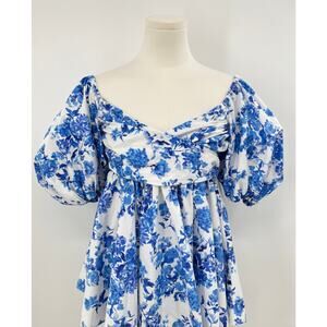 Caroline Constas Brie White Blue Floral Top Off Shoulder Cotton Poplin Blouse S